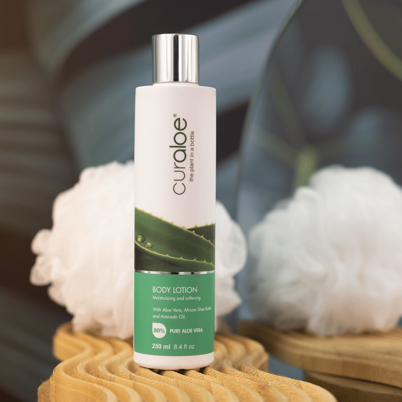 Hydrating Curaloe Body Lotion with rich Aloe Vera content, perfect for revitalizing and softening skin during harsh weather